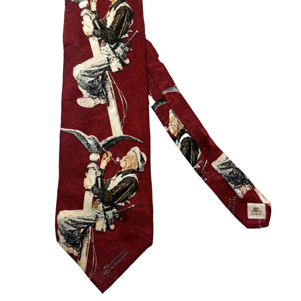 Norman Rockwell Tie 90s Mens Red Silk Saturday Evening Post Lineman Vintage
